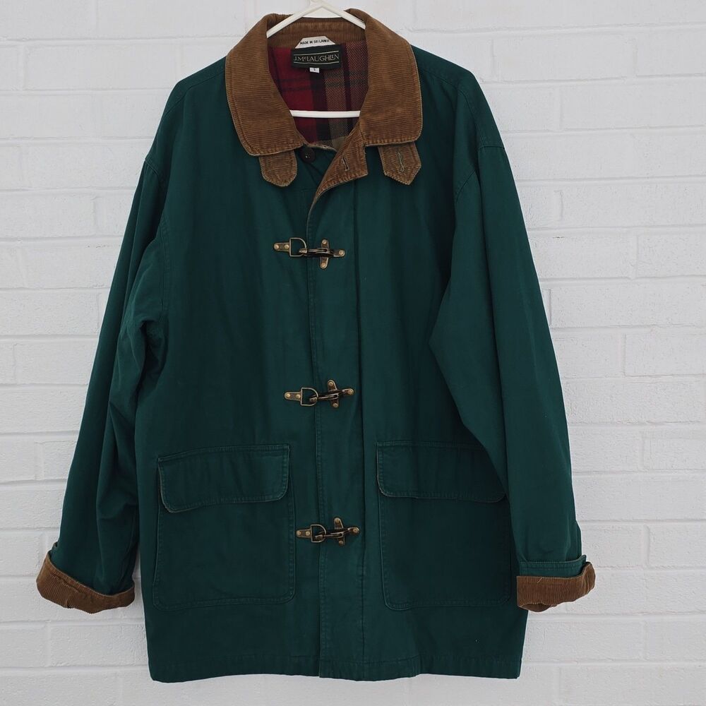 J.McLaughlin  Green Field Jacket Toggle Corduroy Collar Plaid Lining L